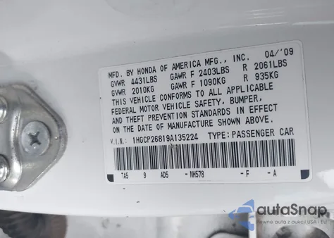 2009 Honda Accord 2.4 Ex-L из США, поврежденный, VIN 1HGCP26819A135224